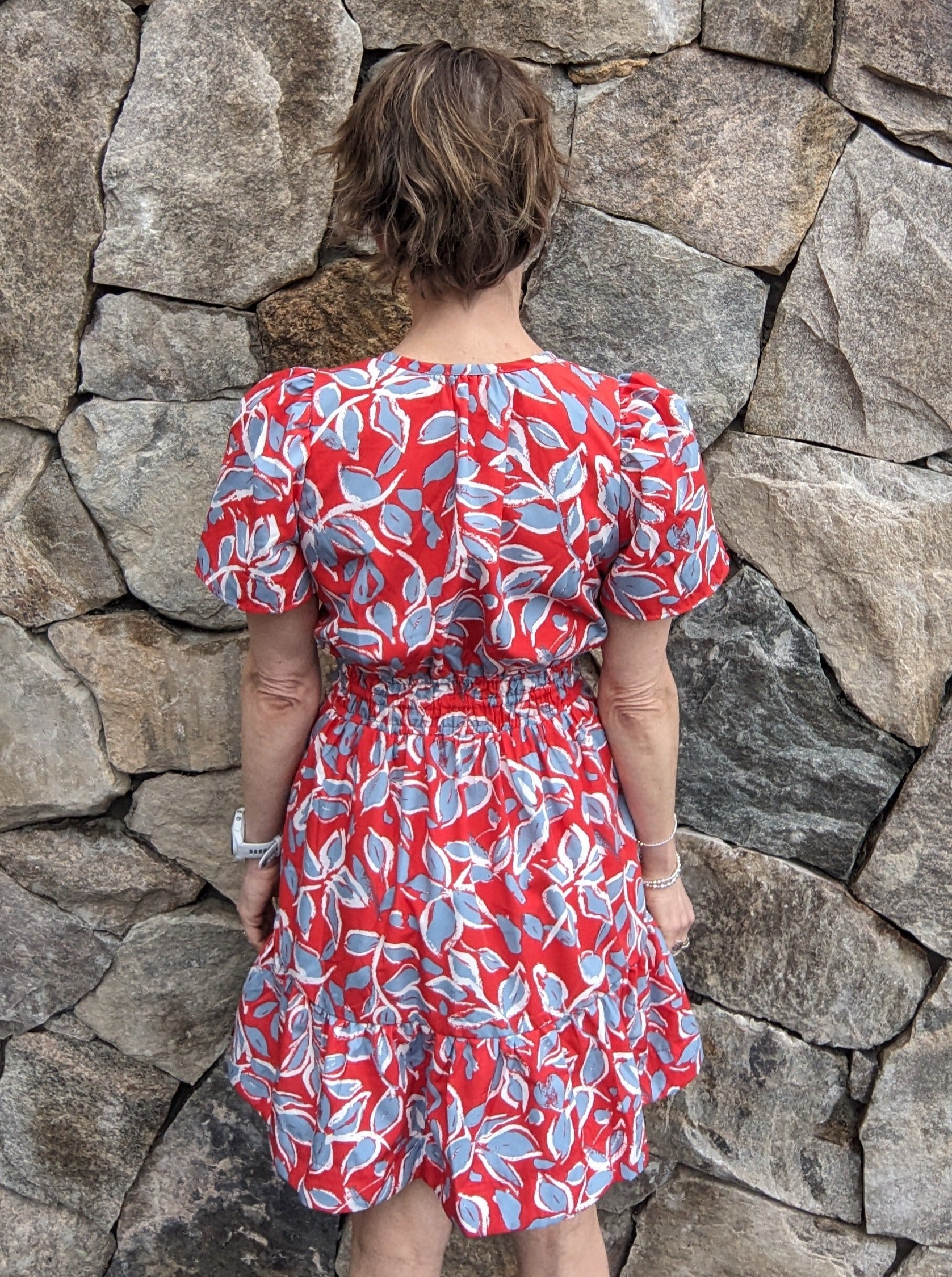 Red Short Sleeve Smocked Print Dress