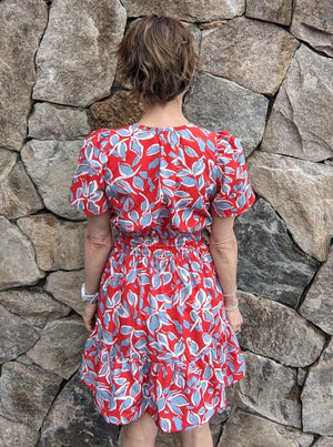 Red Short Sleeve Smocked Print Dress