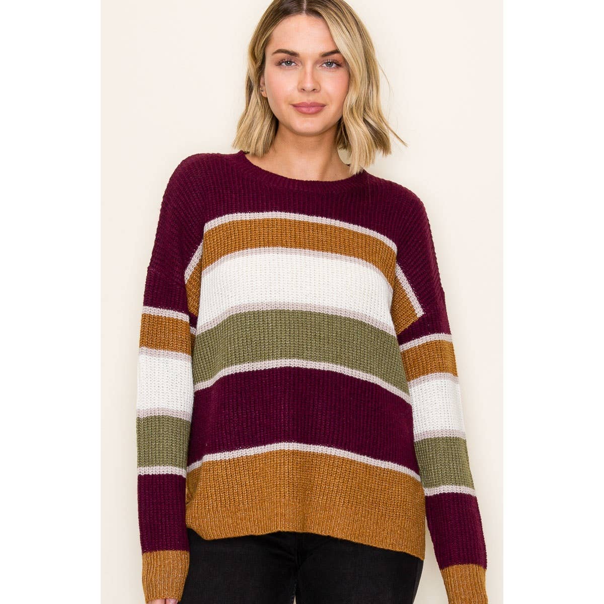 Wine & Camel Striped Sweater