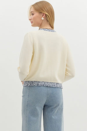 Cream & Navy Accent Gold Button Cardigan