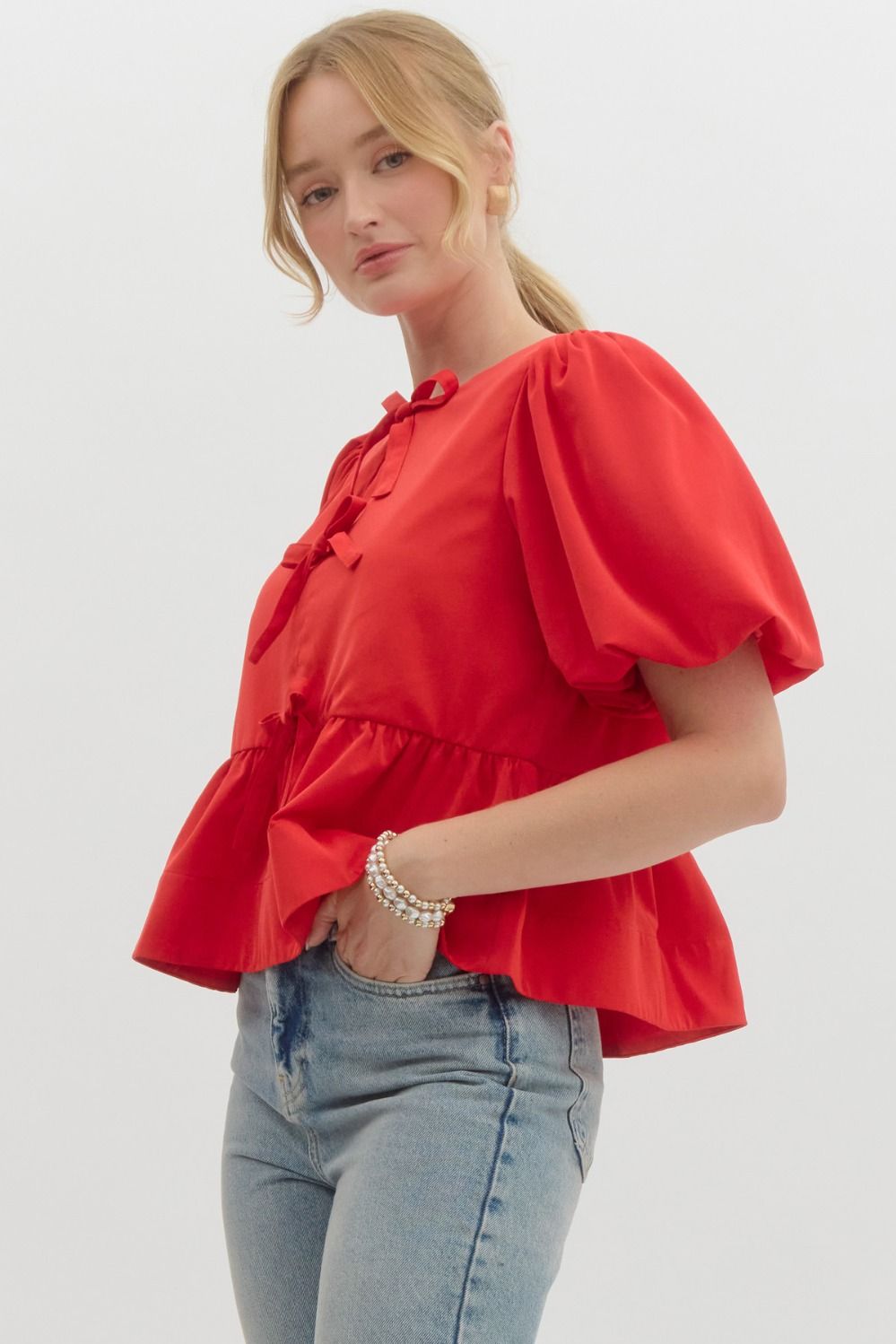 Red Peplum Bow Top