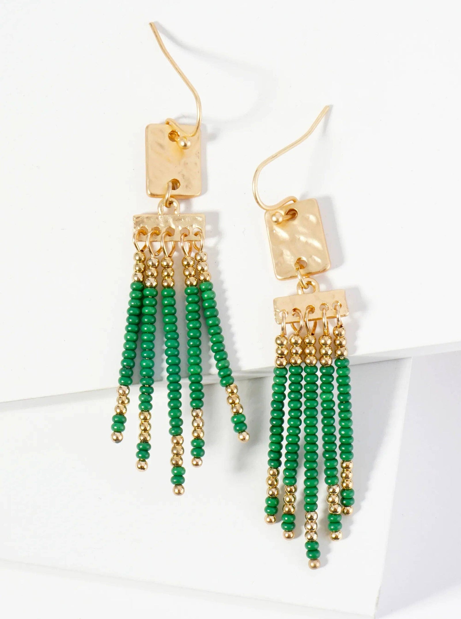 Boho Chic Seed Bead Fringe Earrings: Emerald Green