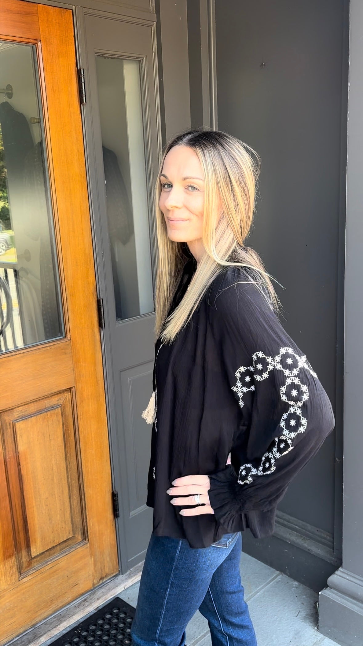 *FINAL SALE* Black Long Sleeve Embroidered Top