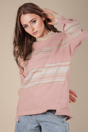 Blush Oversized Printed Knit Contrast Knit Top