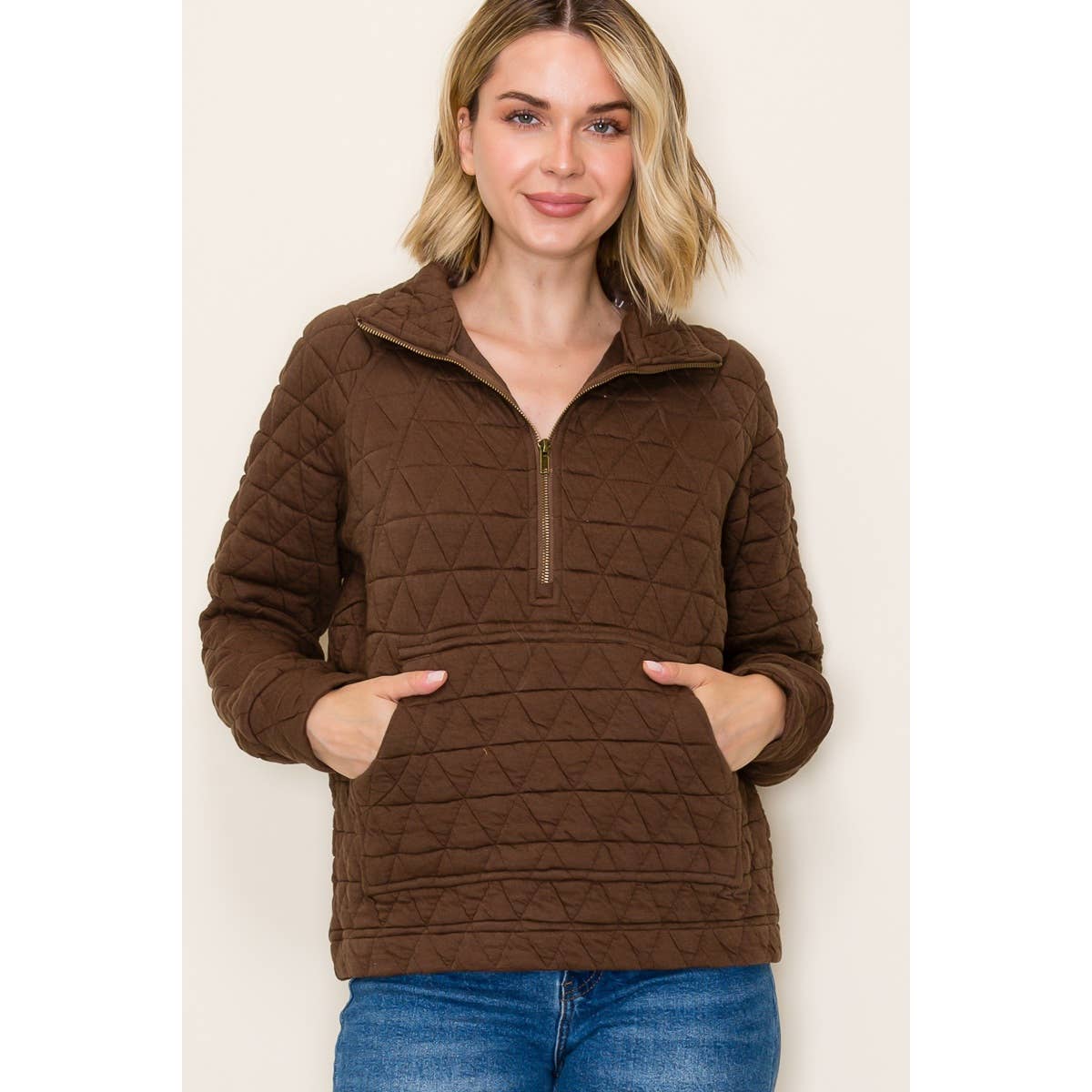 Brown Half Zip Quilted Sweatshirt