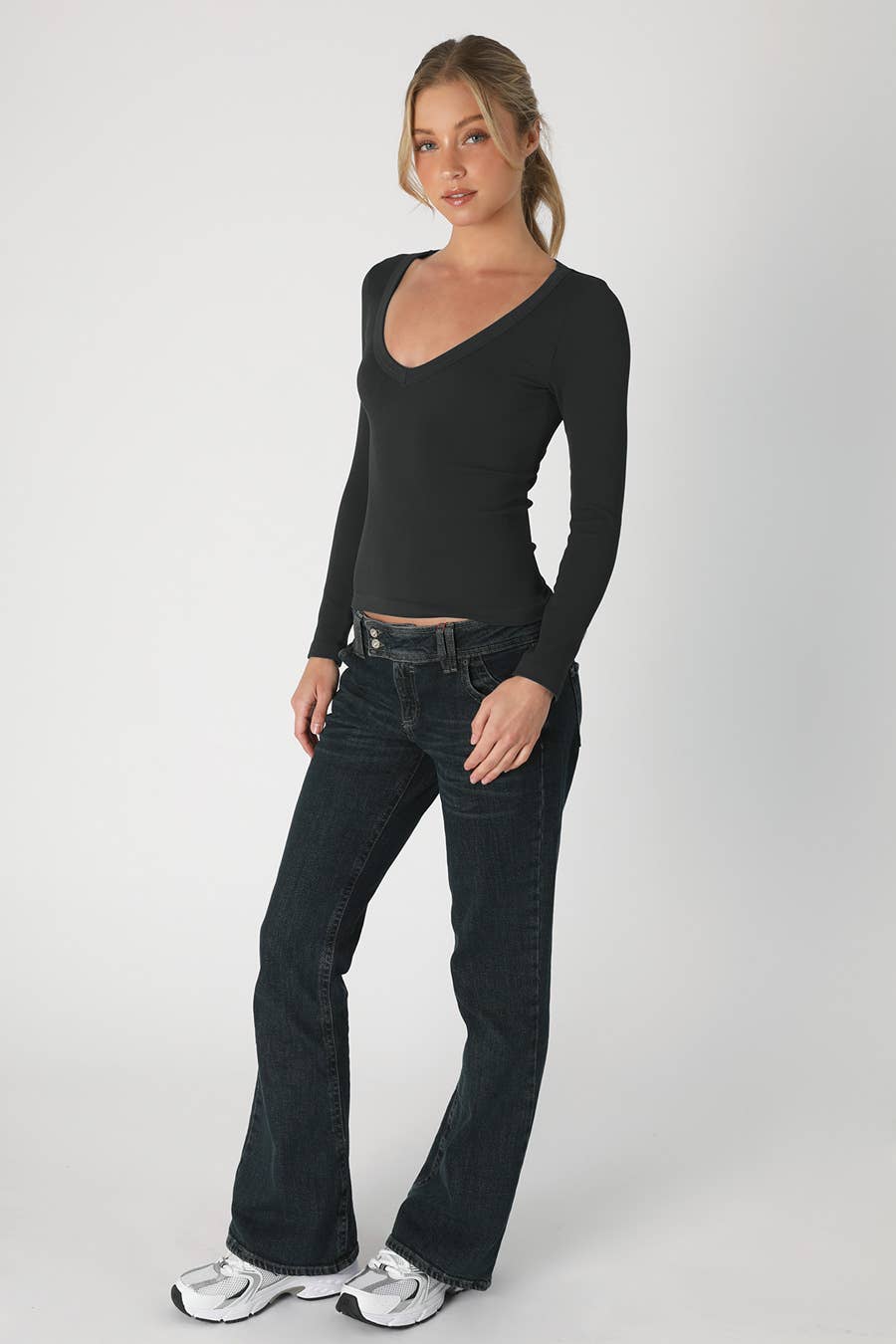 Black Deep V Neck LS Top