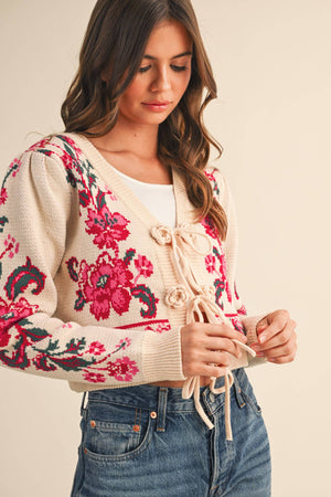 Cream Floral Tie Sweater