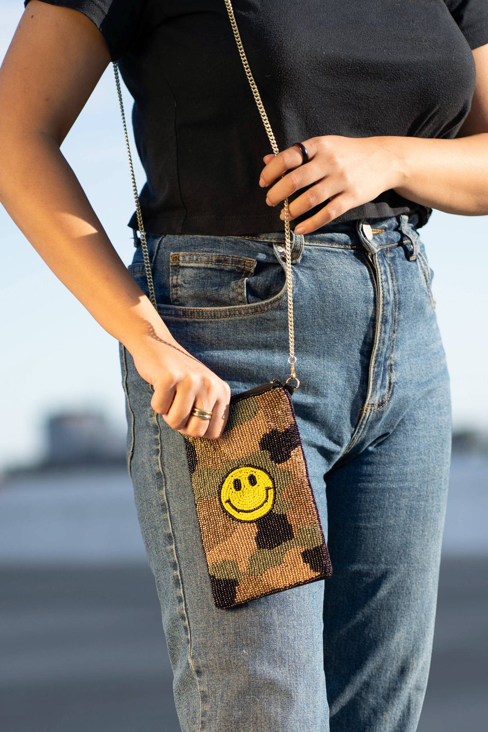 90s Grunge Smiley Face Camo Beaded Coin Messenger Bag