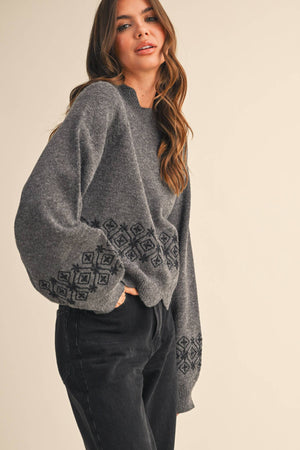 Charcoal Scallop Hem Embroidered Sweater