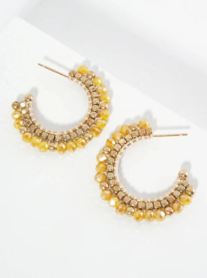 Hoop Earrings With Glass & Square Metallic Beads: Natural