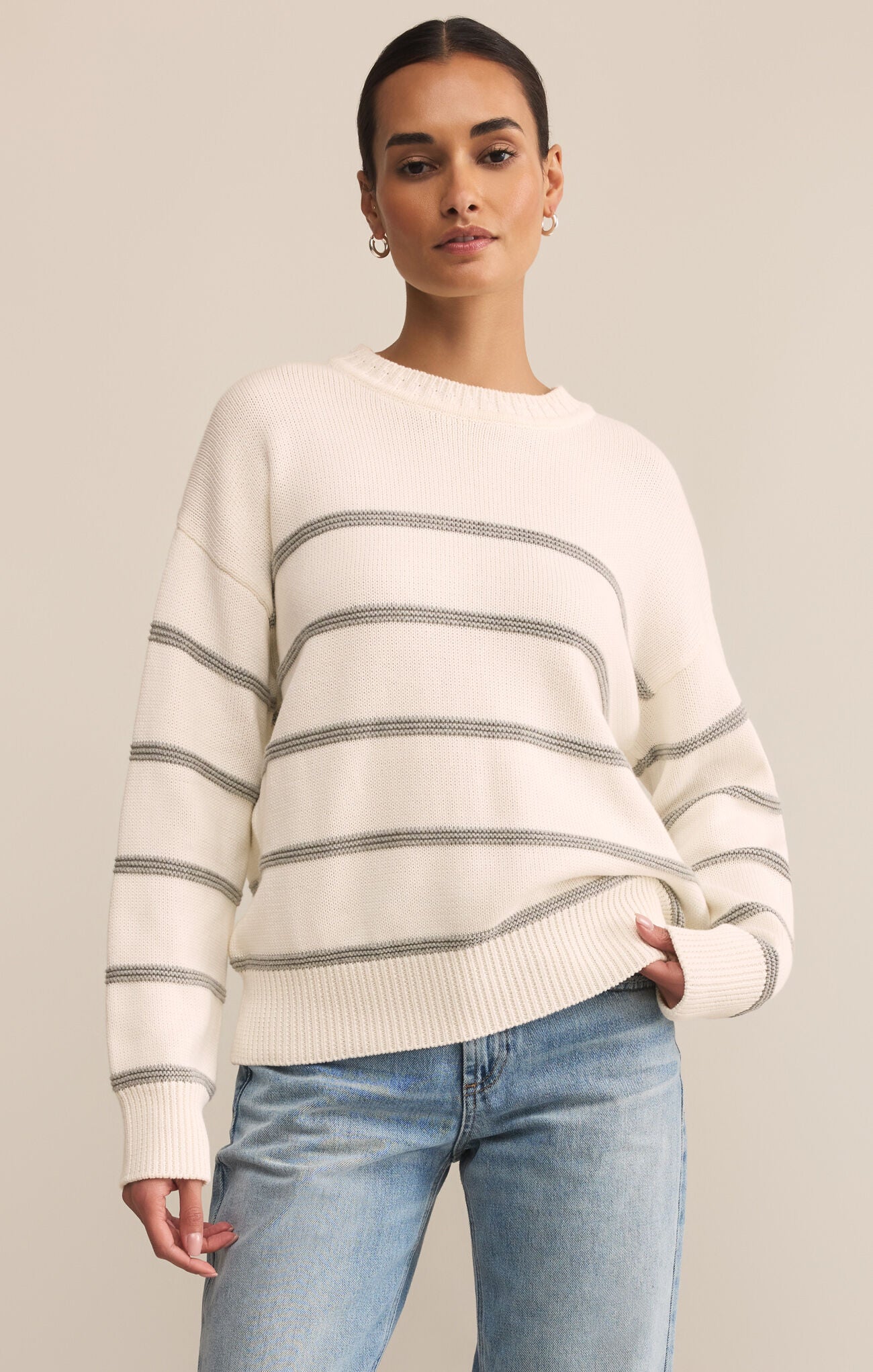 White Boyfriend Striped Sweater