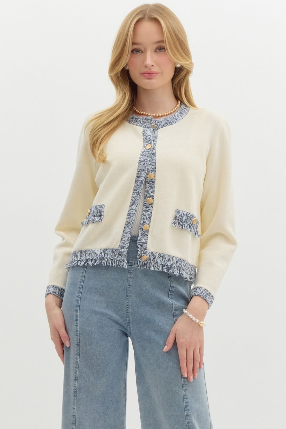 Cream & Navy Accent Gold Button Cardigan