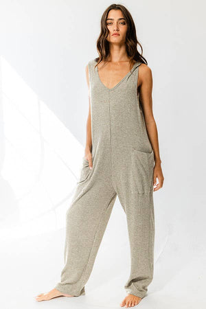 Olive Tank Textured Knit Jumpsuit With Pockets