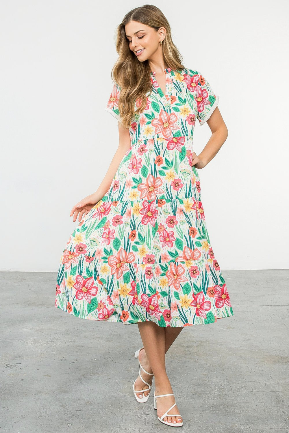 Short Sleeve Flower Print Tiered Midi Dress