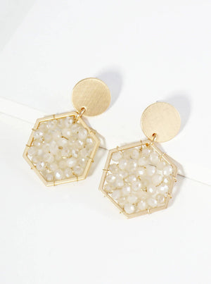 Faceted Glass Beads Hexagon Drop Dangle Earrings: Emerald