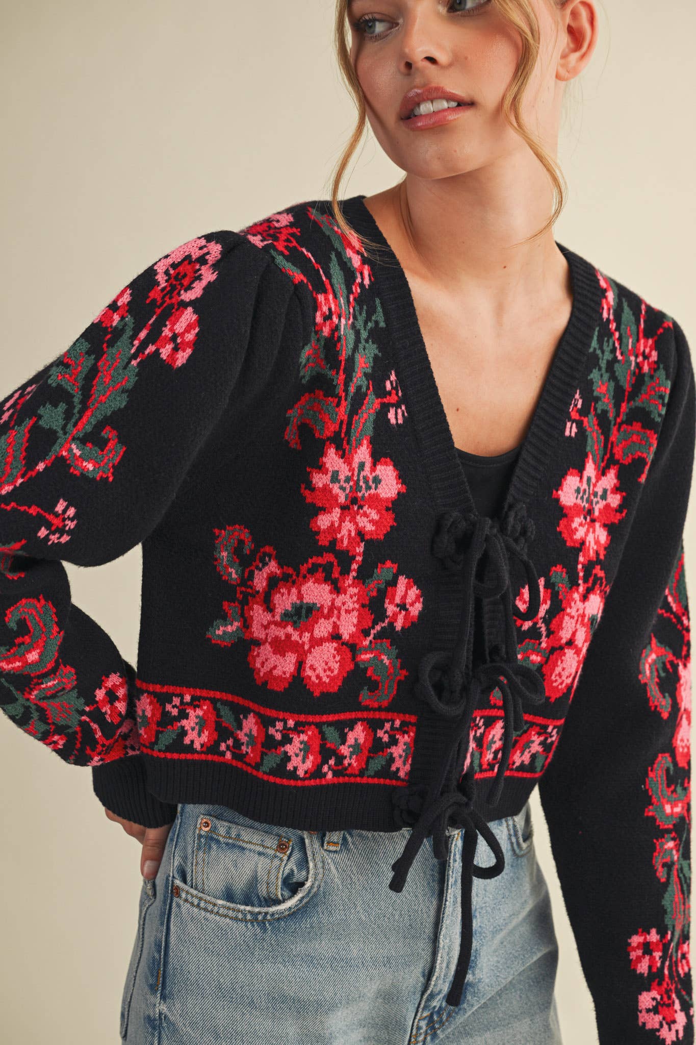Black Floral Tie Sweater