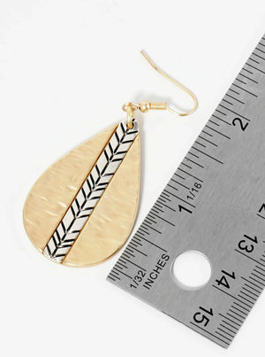 Dual-Tone Chevron Engraved Hammered Teardrop Dangle Earrings: Matte Silver-Matte Gold