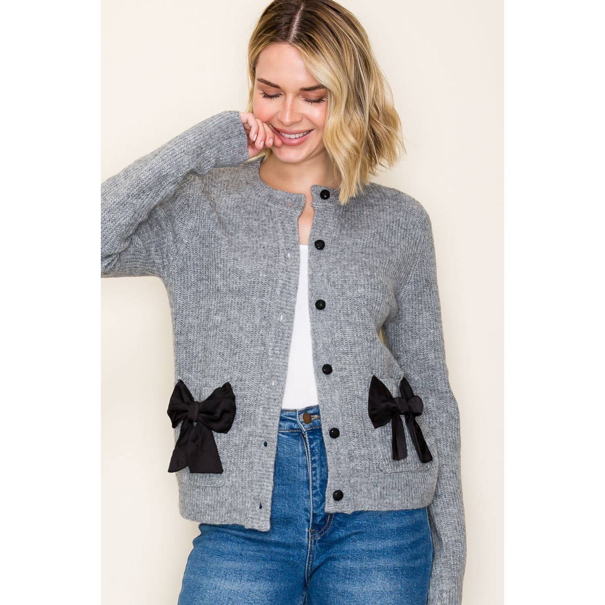 Grey Bow Accent Sweater