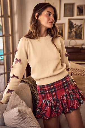 Holiday Christmas Plaid Bow Ribbon Sweater Top