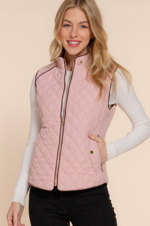 Pink Suede Piping Detail Rib Quilted Vest