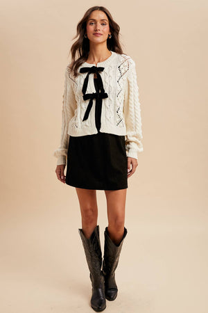 Cream Cable Knit Ribbon Tie Cardigan