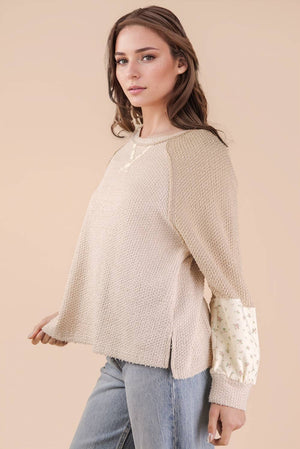 Cream Raglan Sleeve Color Block Casual Textured Knit Top