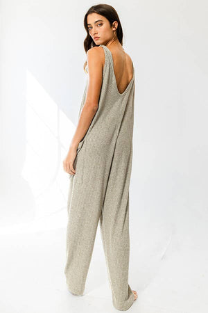 Olive Tank Textured Knit Jumpsuit With Pockets
