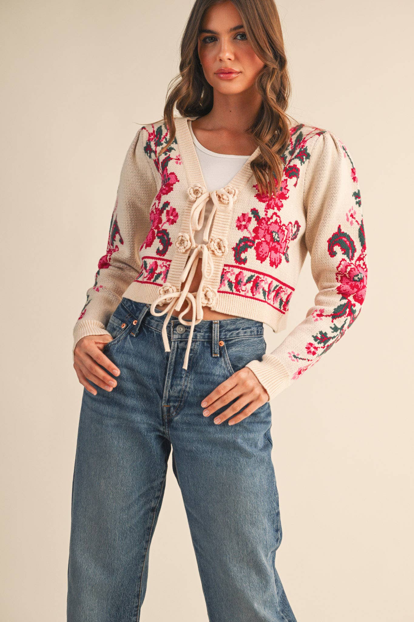 Cream Floral Tie Sweater