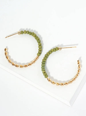 Metal and Wood Beads 30mm Lightweight Hoop Earrings: Dusty Pink