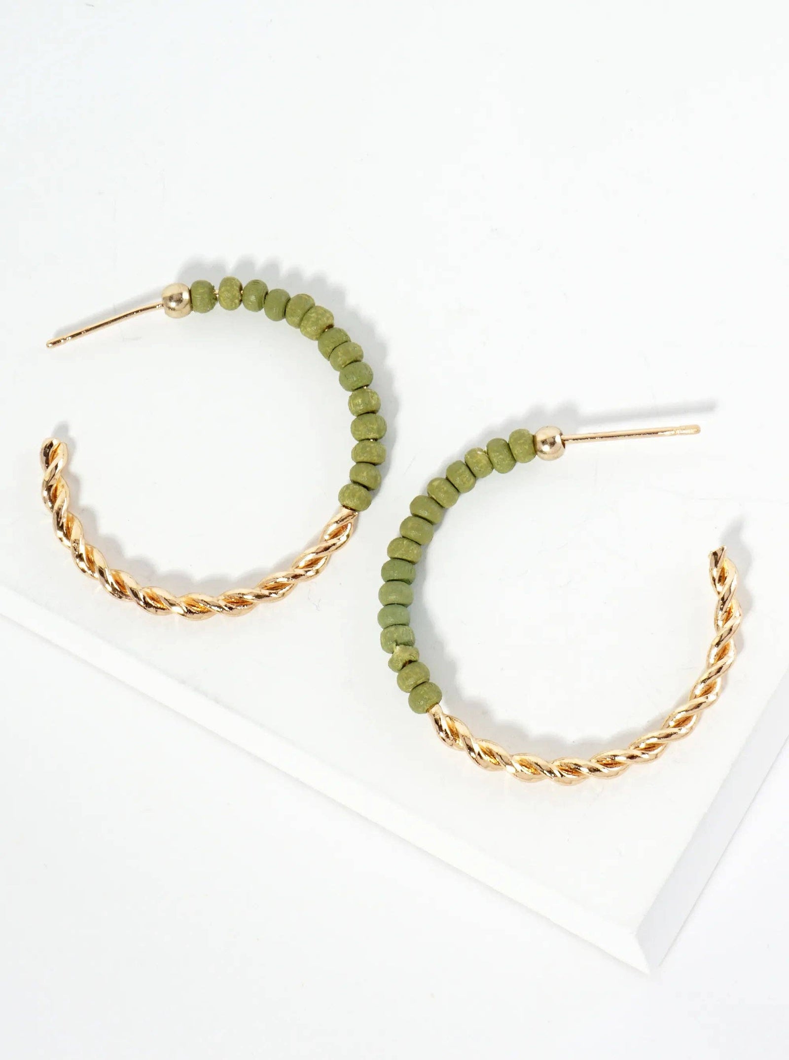 Metal and Wood Beads 30mm Lightweight Hoop Earrings: Olive