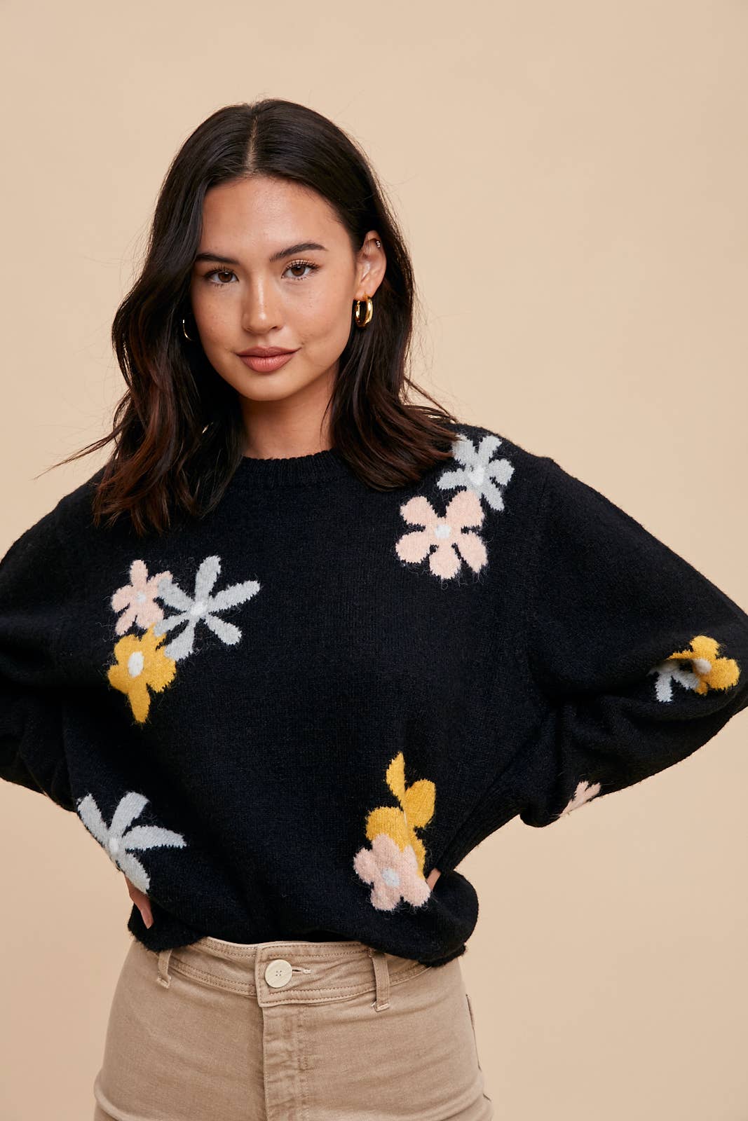Black Floral Crew Neck Sweater