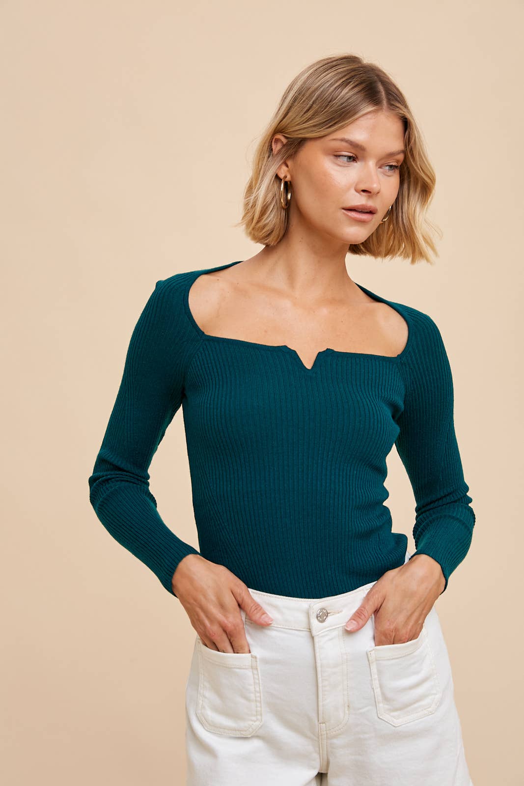 Emerald Teal Ribbed Notch Neck Top