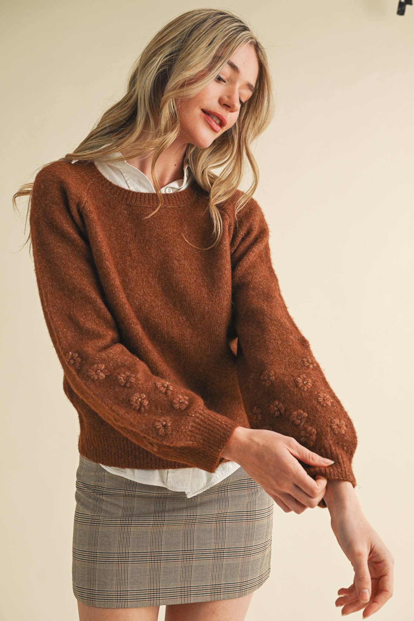 Mocha Floral Knit Puff Sleeve Sweater
