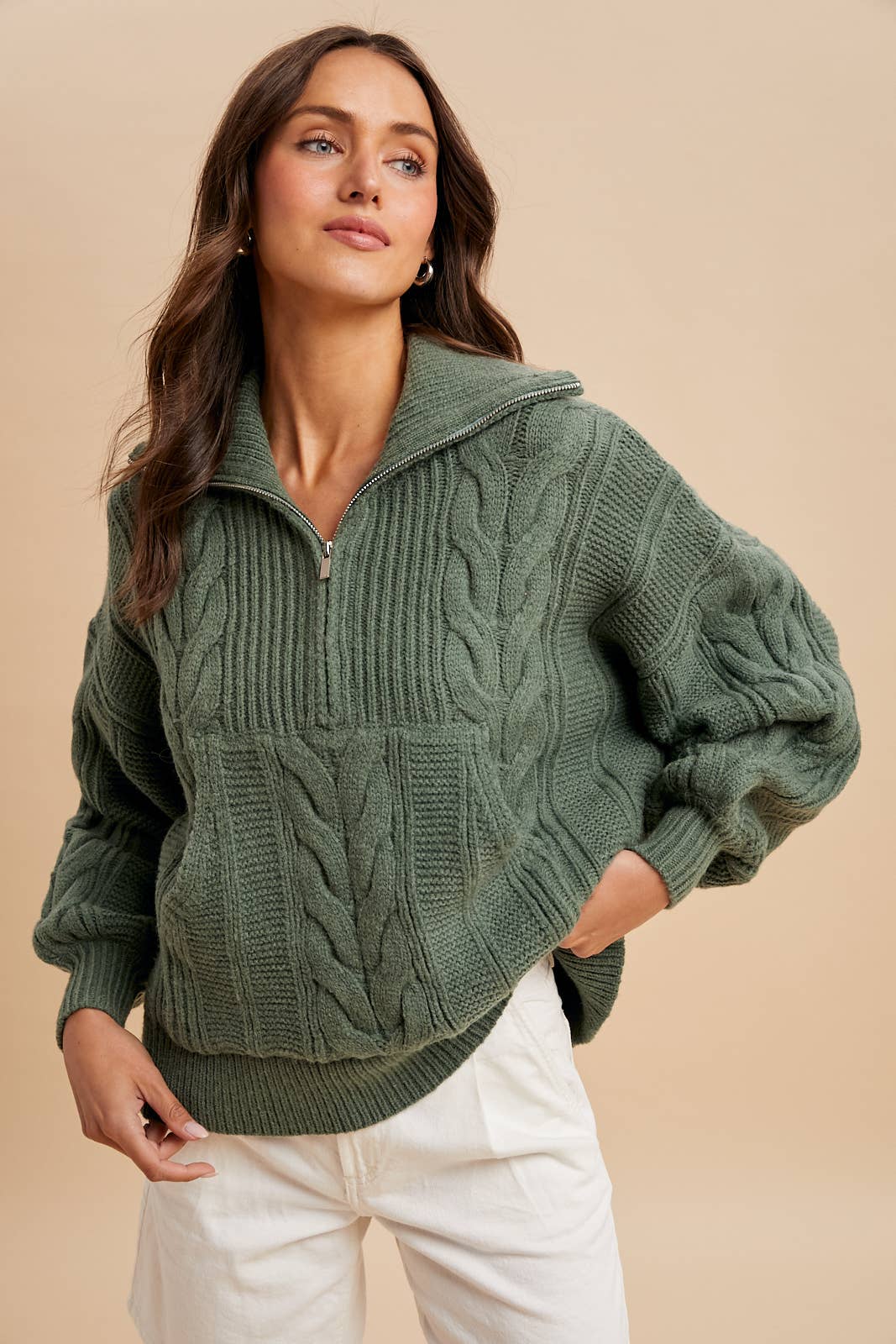Sage Chunky Cable Knit Hal Zip Sweater