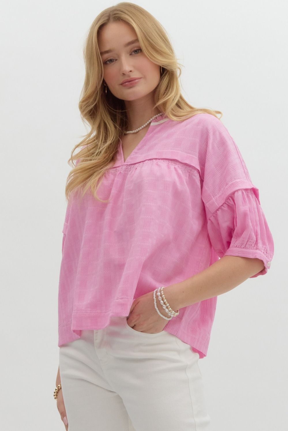 *FINAL SALE*Pink Split Neck Blouse
