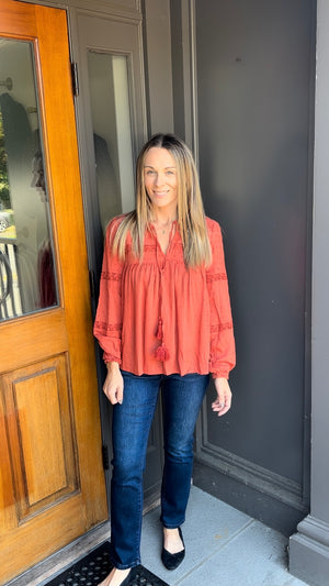 *FINAL SALE* Rust Tie Neck Blouse