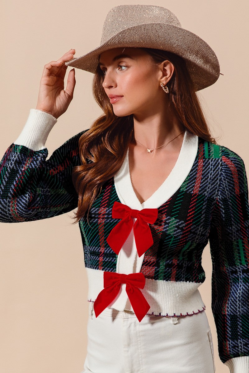 Velvet Bow Holiday Plaid Cardigan