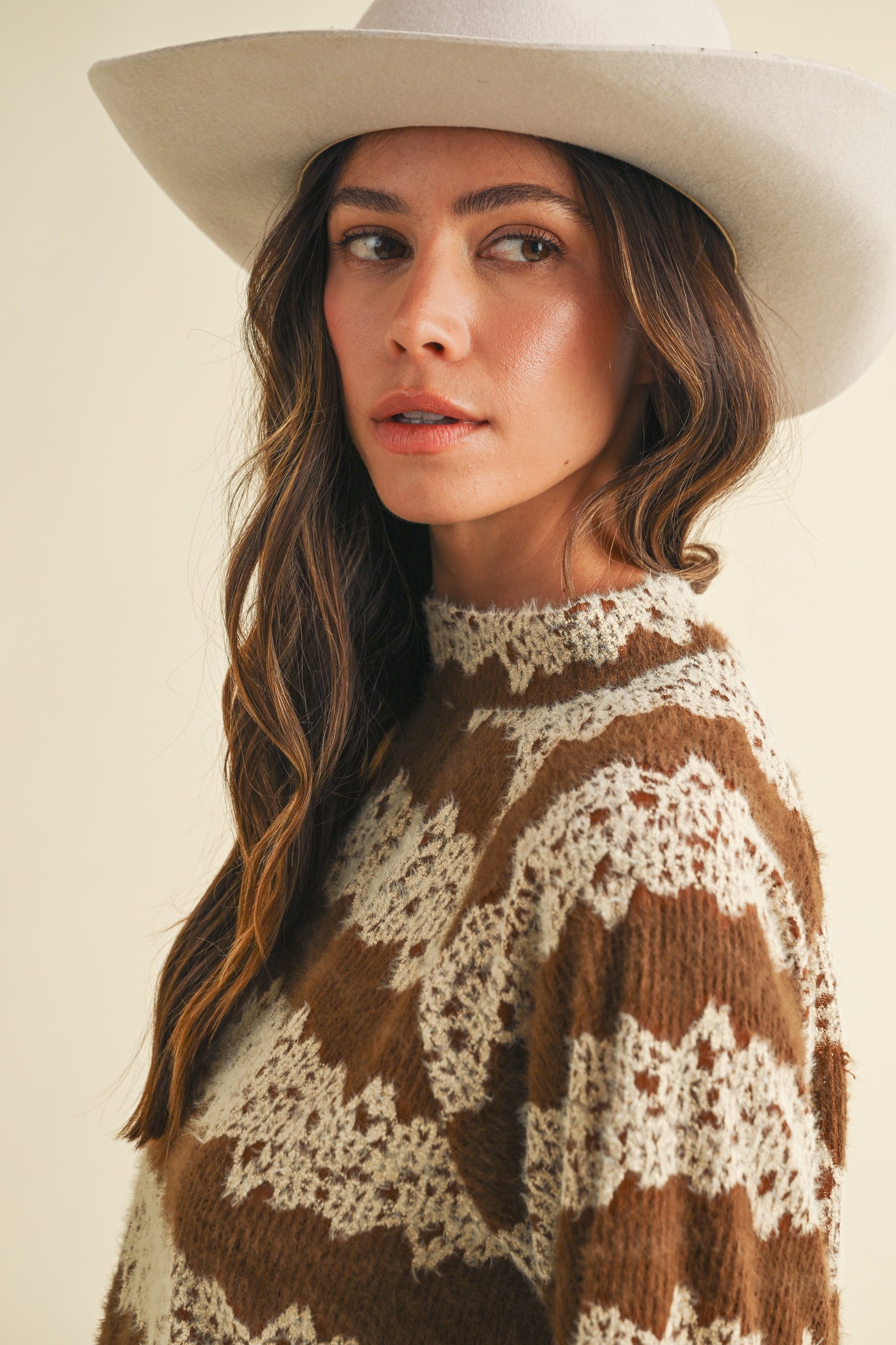 Brushed Floral Jacquard Mock Neck Knit Top