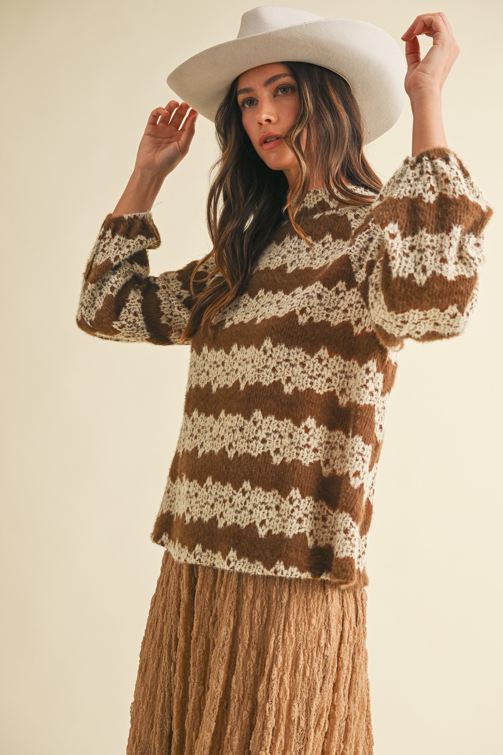 Brushed Floral Jacquard Mock Neck Knit Top