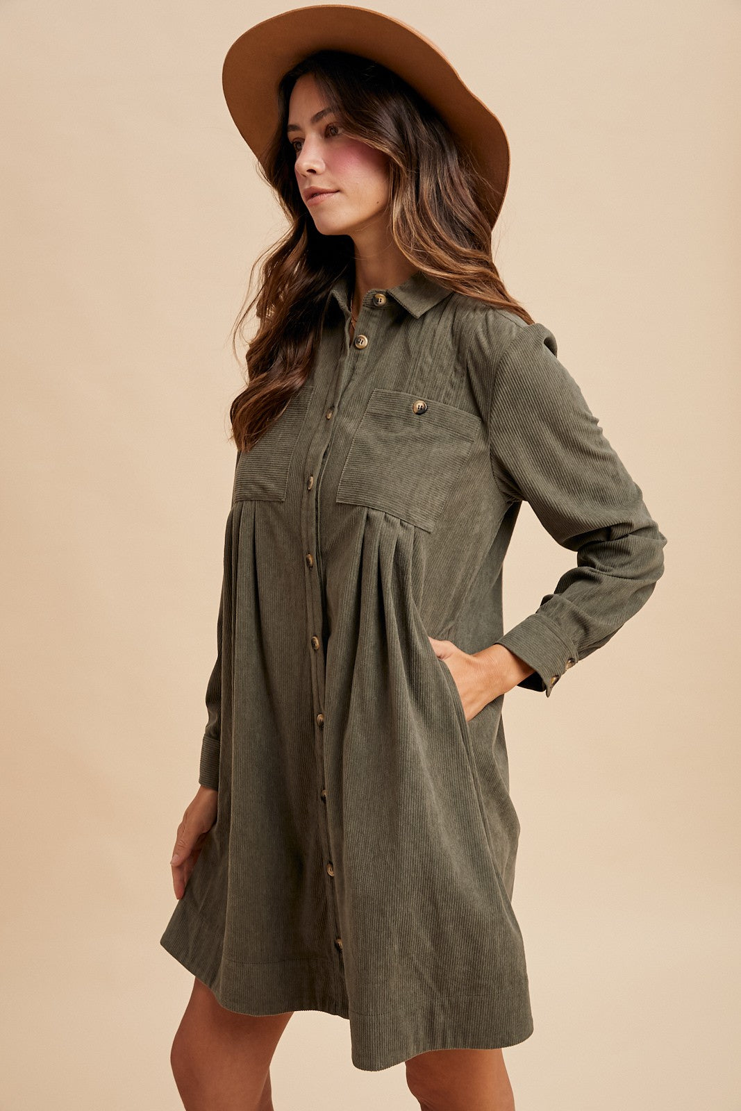 Corduroy Pintuck Detail Mini Shirt Dress