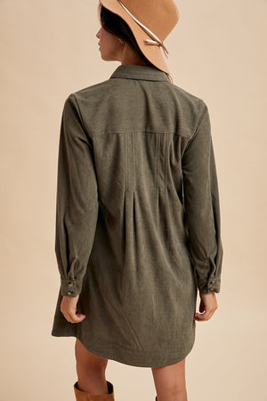 Corduroy Pintuck Detail Mini Shirt Dress