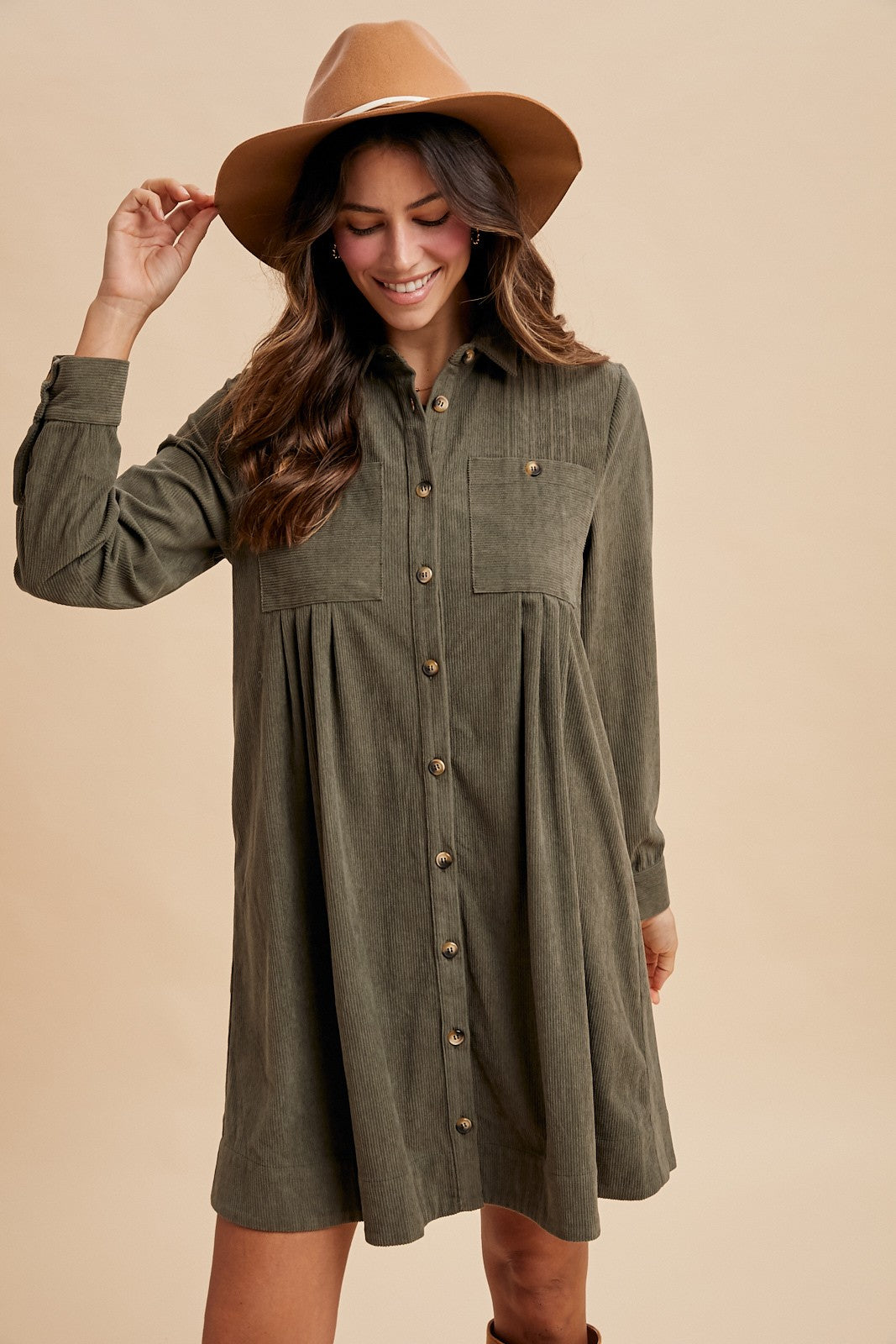 Corduroy Pintuck Detail Mini Shirt Dress