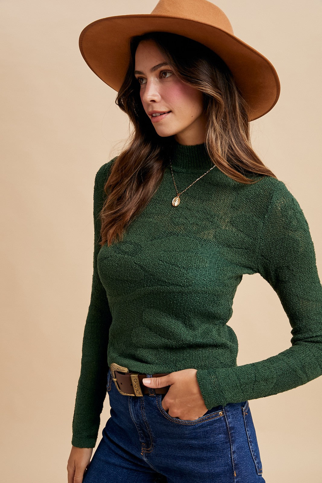 Hunter Floral Jacquard Textured Mock Neck Sweater Top