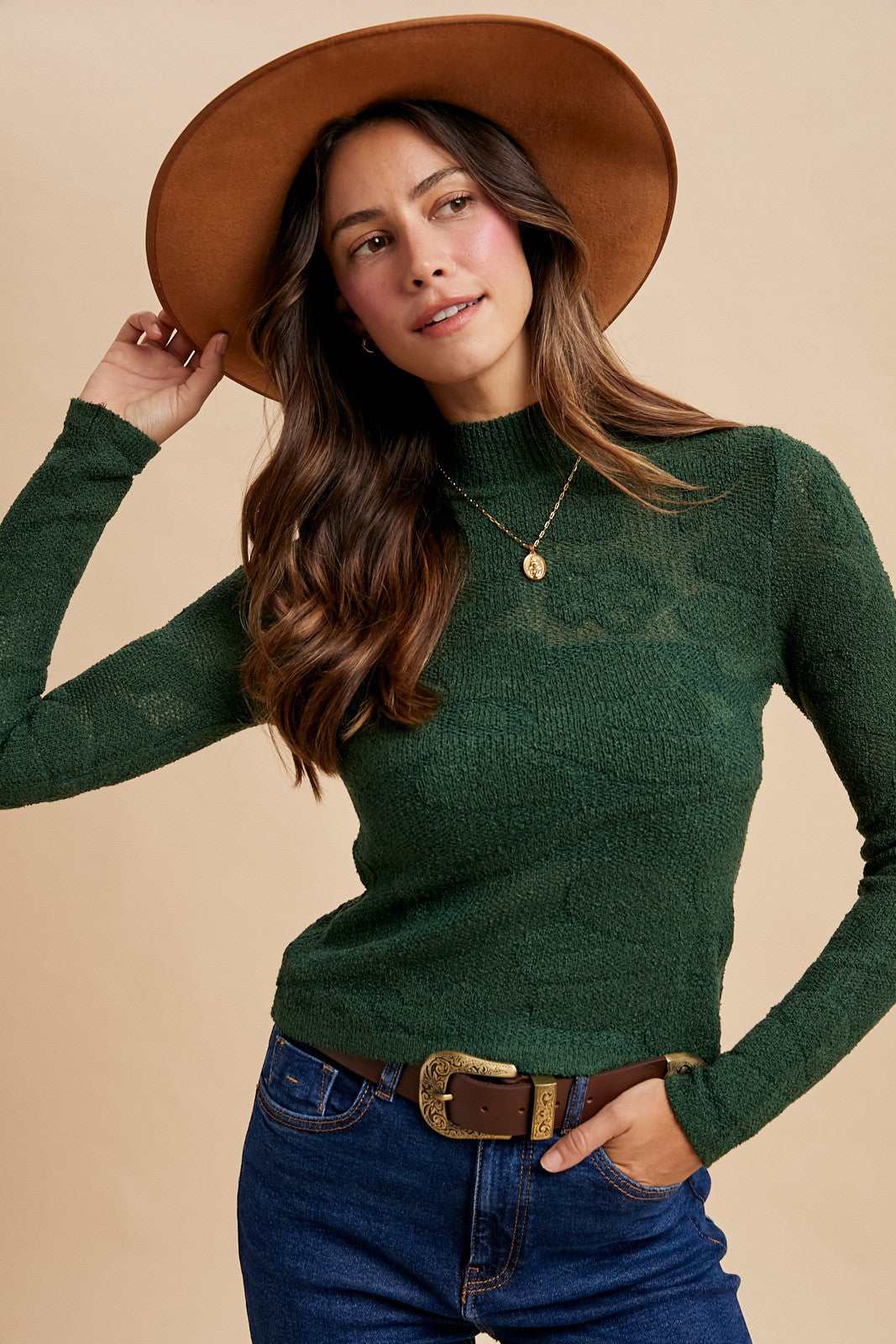 Hunter Floral Jacquard Textured Mock Neck Sweater Top