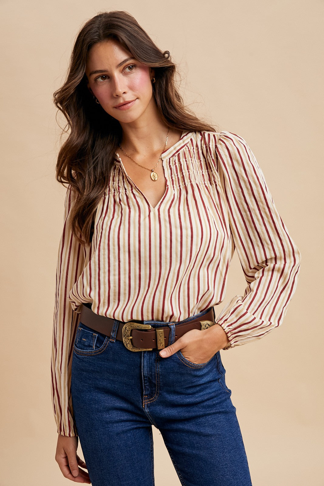 Notch Neck Striped Blouse