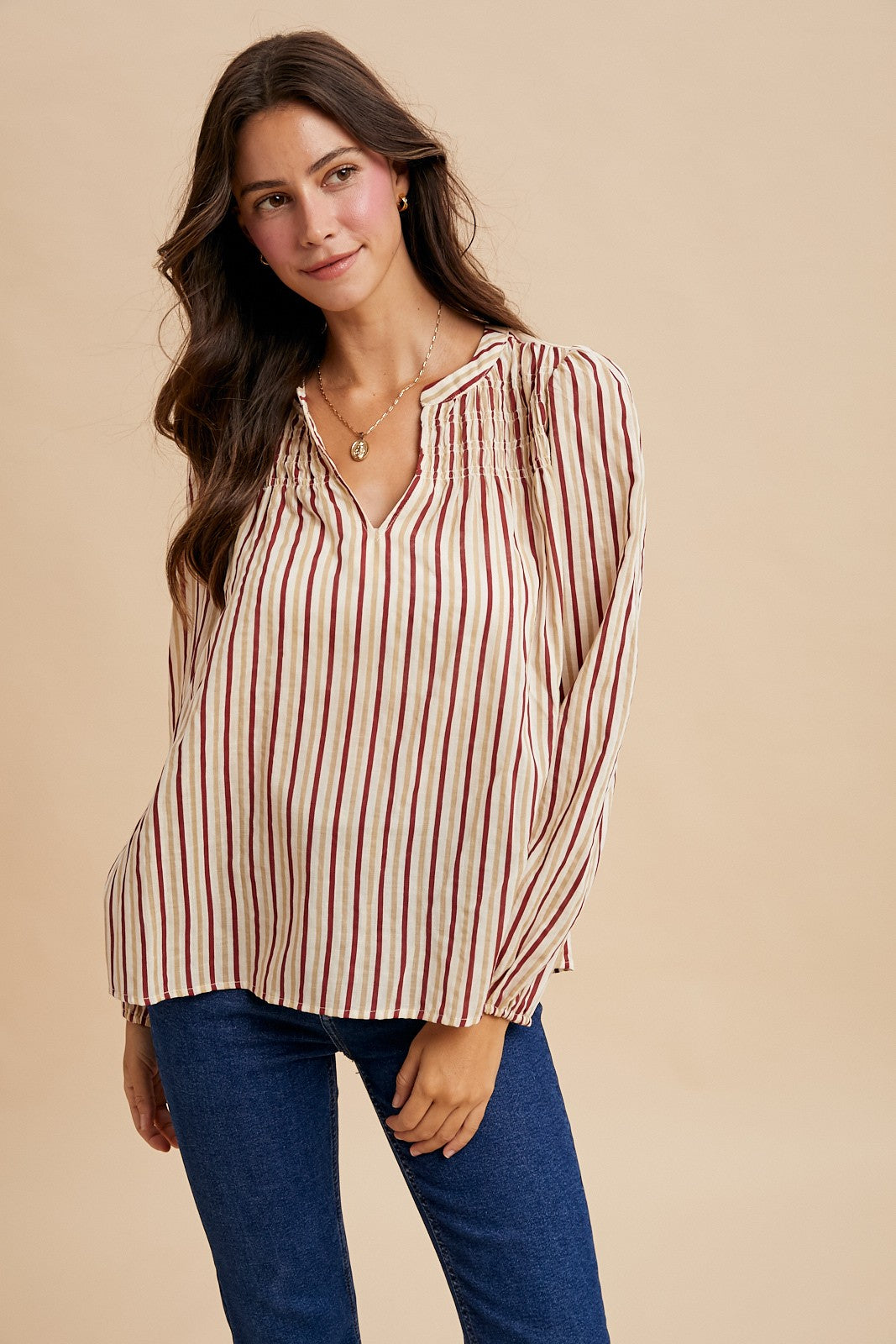 Notch Neck Striped Blouse