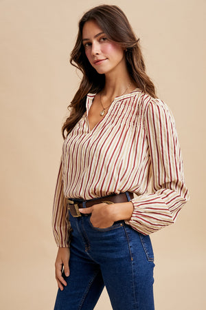 Notch Neck Striped Blouse