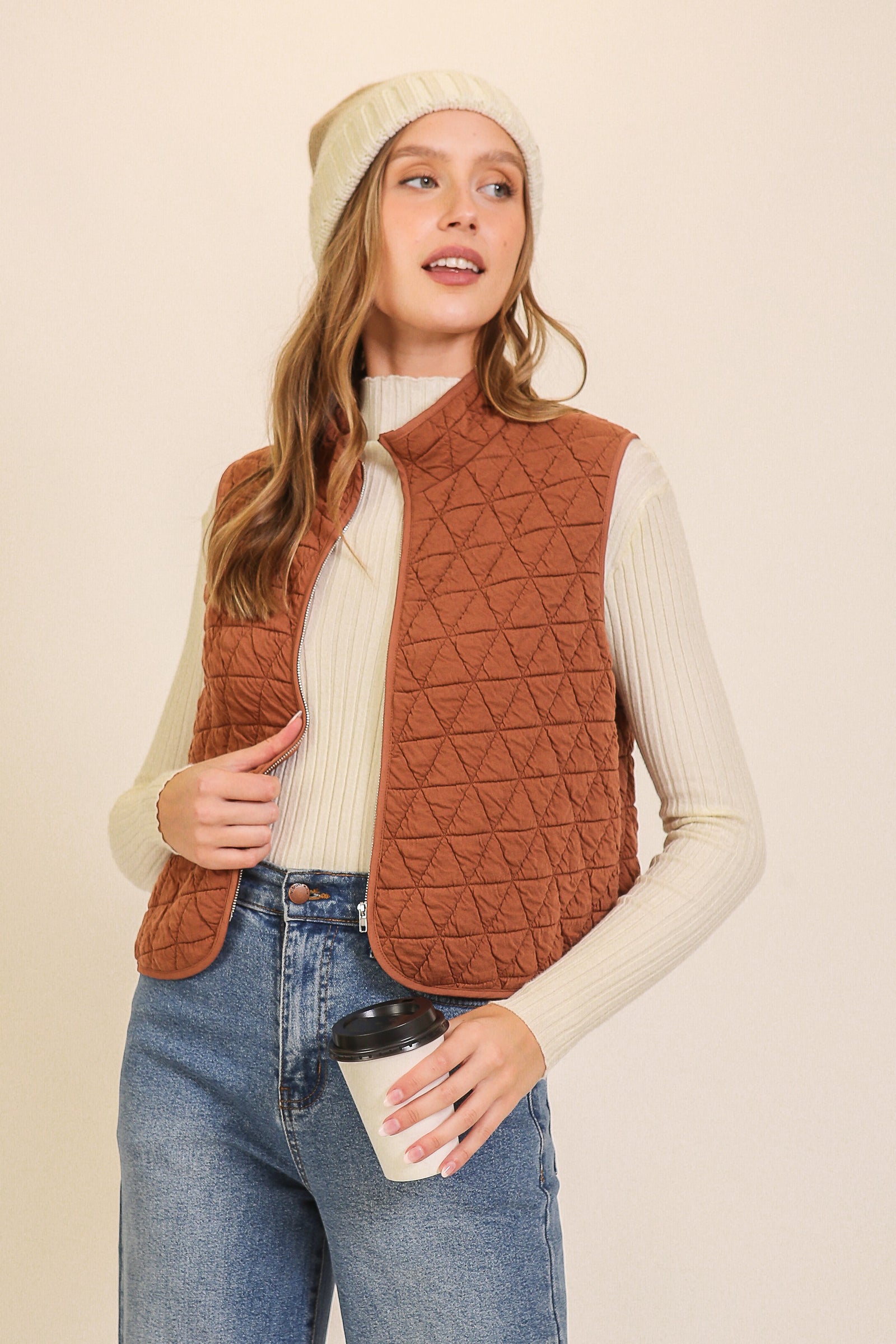 Mocha Quilted Lightweight Zip Up Vest