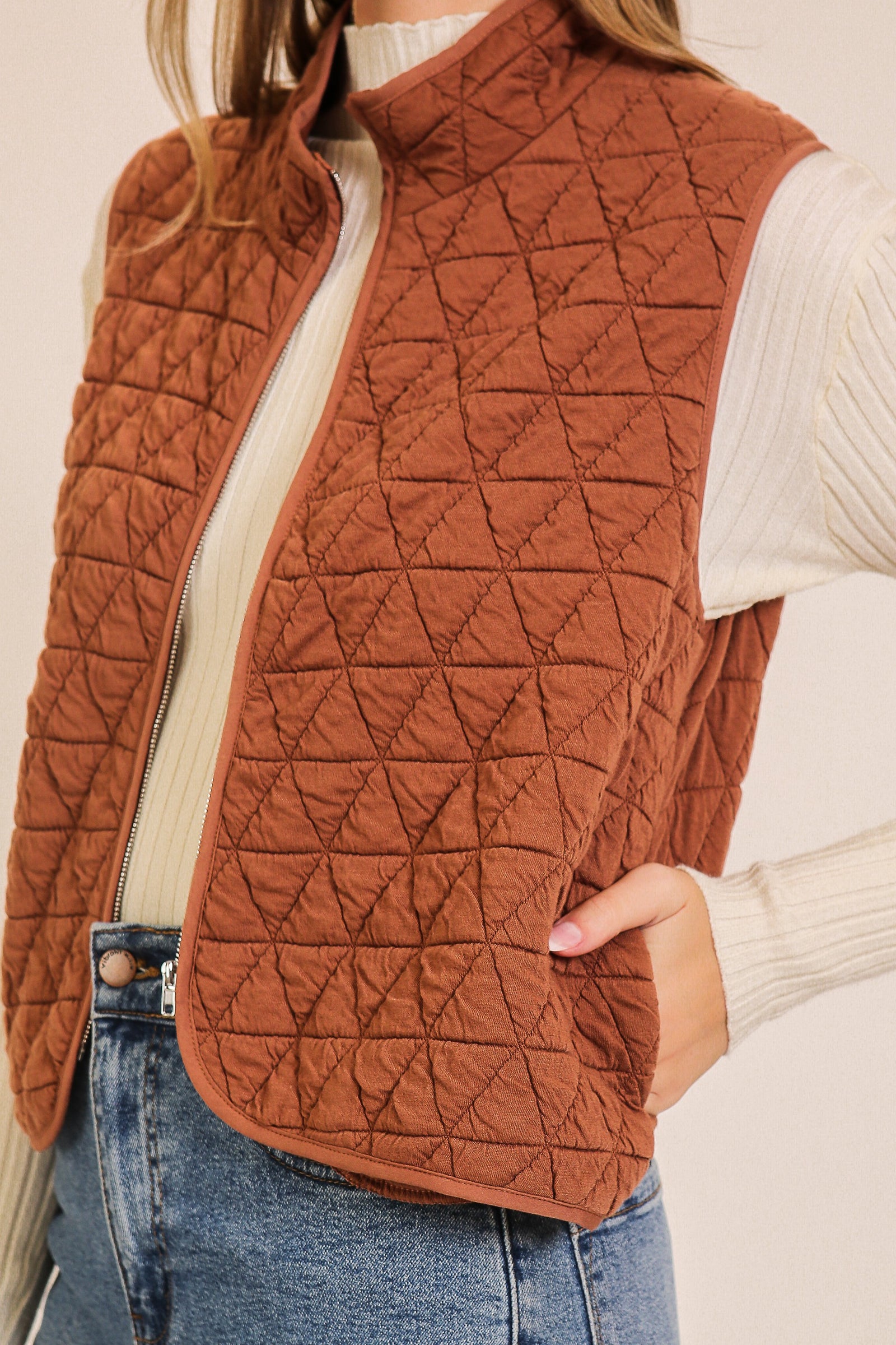Mocha Quilted Lightweight Zip Up Vest