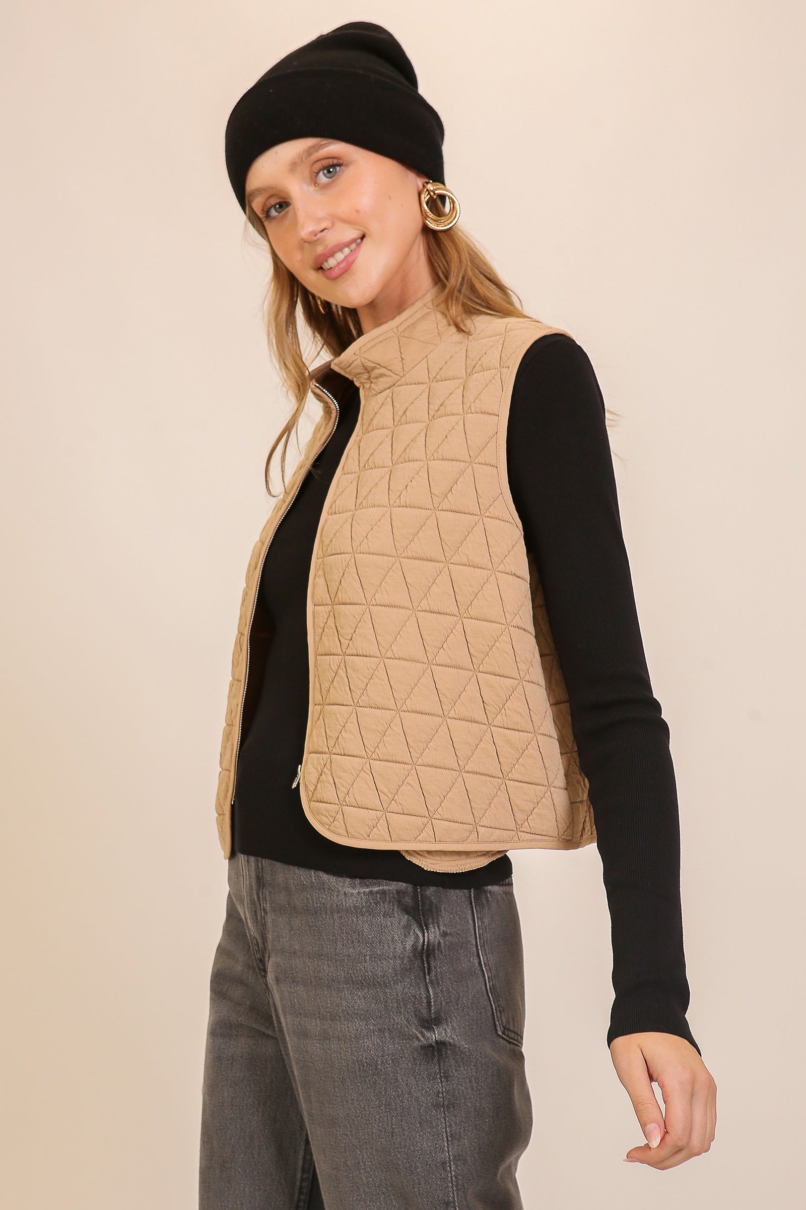 Taupe Quilted Lightweight Zip Up Vest